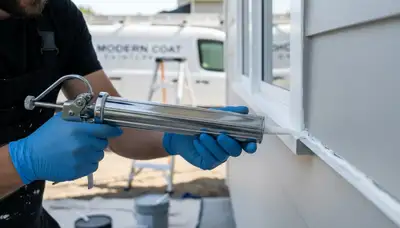Painter applying exterior caulk around window frame for weatherproofing in Harrisburg, PA