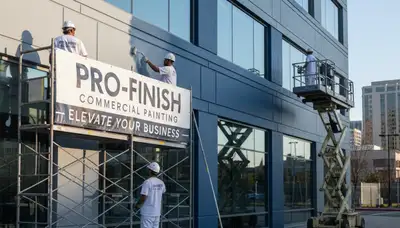 Professional commercial painters finishing office exterior in Harrisburg, PA