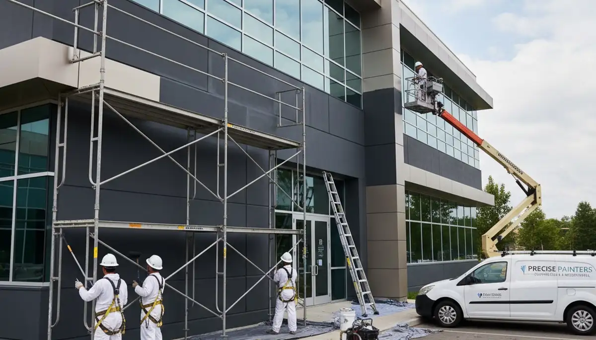 Professional commercial painters working on office exterior in Harrisburg PA