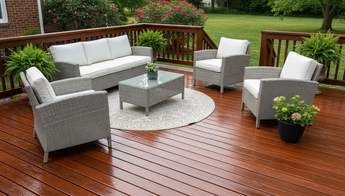 Finished deck staining after pressure cleaning in Harrisburg PA showcasing restored wood and weather protection
