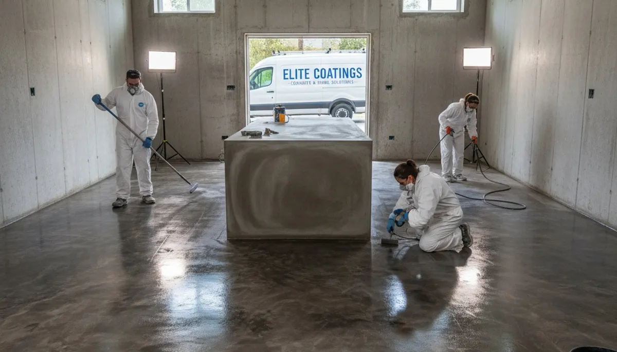 Professional concrete staining on residential garage floor in Harrisburg, PA by local painting experts