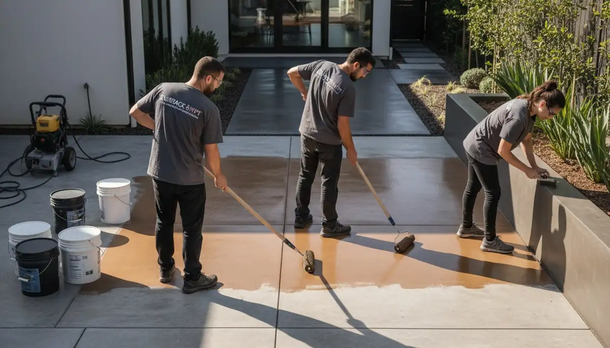 Professional concrete staining service on residential garage floor in Harrisburg, PA