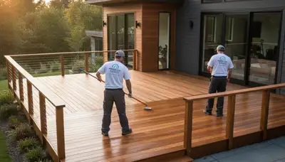 Professional deck staining on a backyard wood deck in Harrisburg, PA for weather-resistant protection
