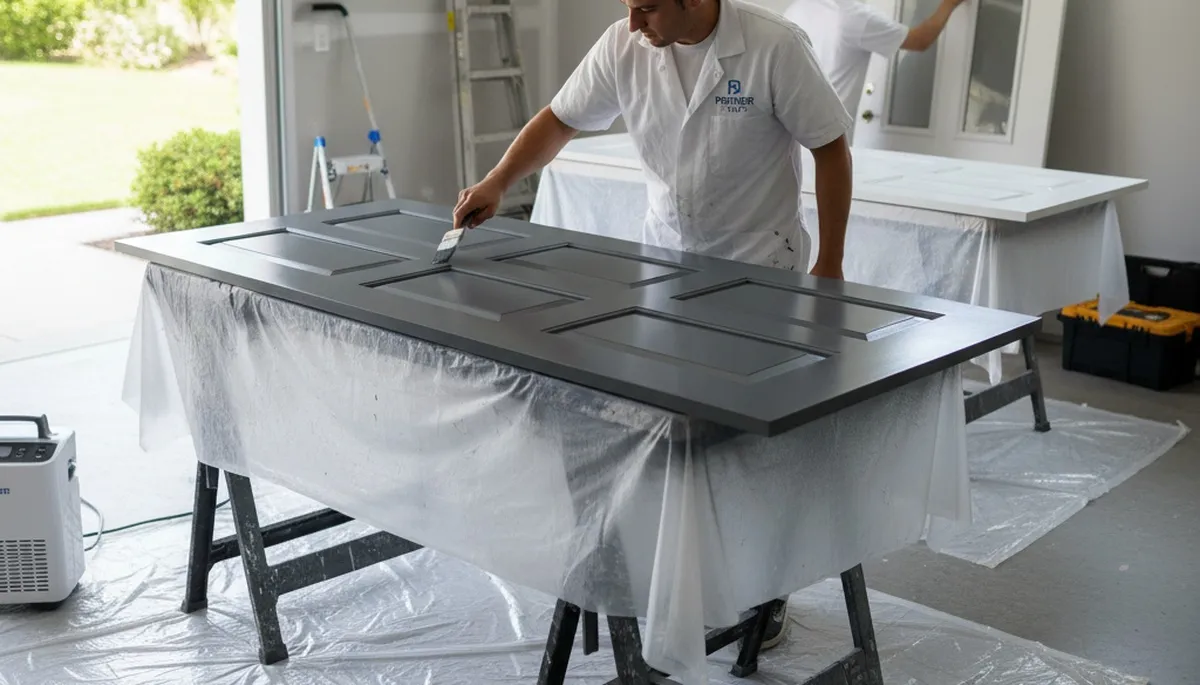 Professional door painting service in Harrisburg PA transforming home entry doors with smooth durable finish
