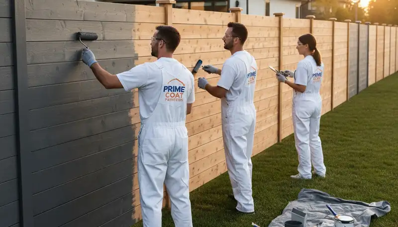 Professional fence painters applying durable wood coating in Harrisburg, PA yard