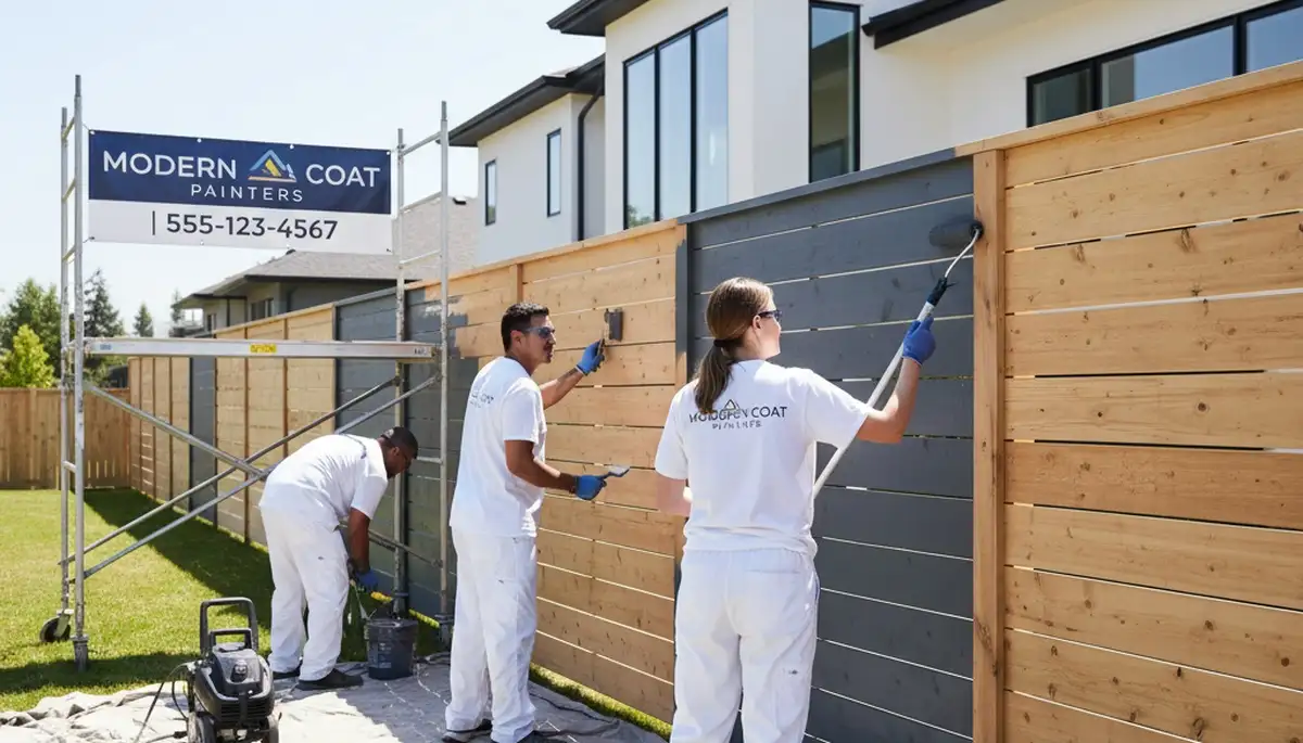 Professional fence painters coating wooden fence in Harrisburg, PA for weather-resistant finish