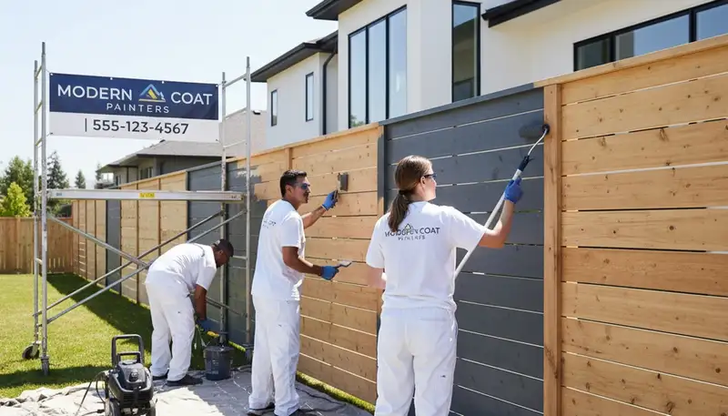 Professional fence painters coating wooden fence in Harrisburg, PA for weather-resistant finish