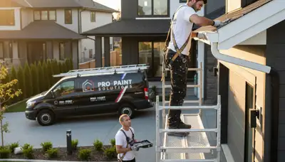 Professional painters providing expert gutter painting on a Harrisburg PA home exterior