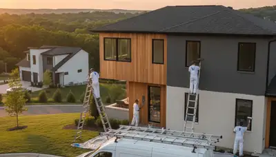 Professional house painters working on residential exterior in Harrisburg PA