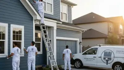 Professional house painters in Harrisburg PA applying fresh exterior paint to a suburban home