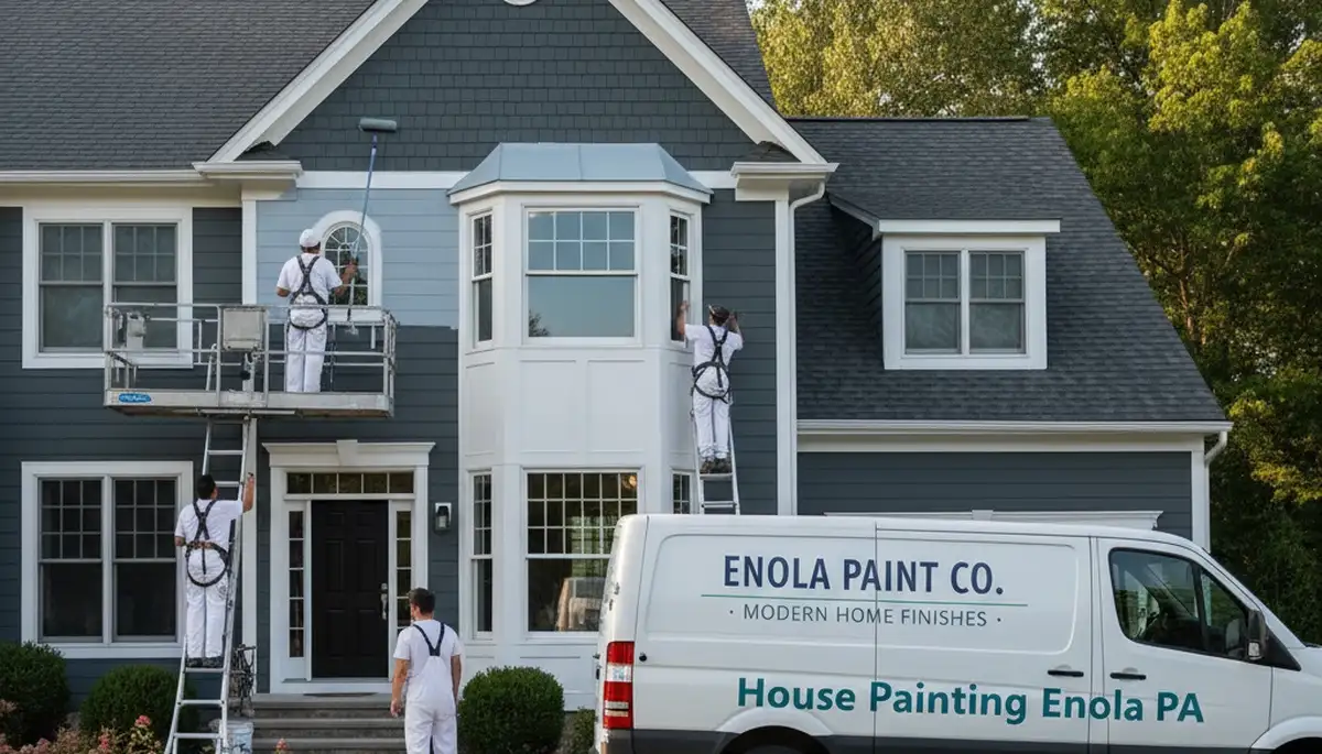 Professional house painters in Harrisburg PA applying exterior paint to a residential home façade