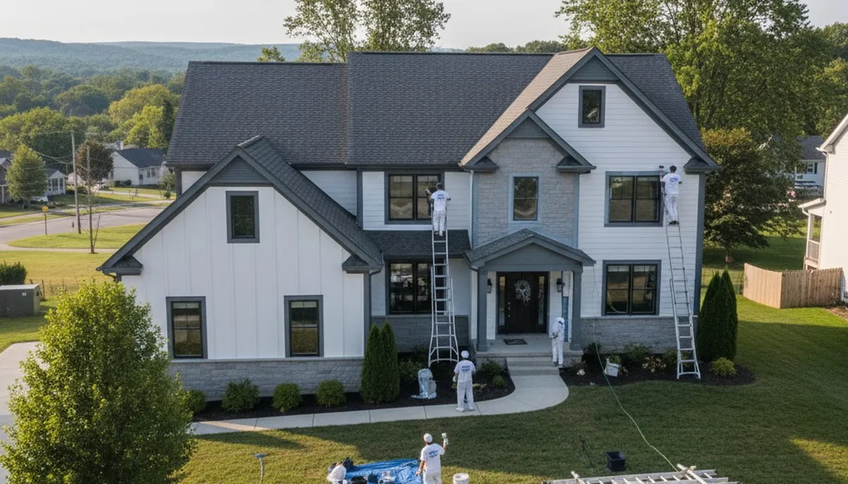 Professional house painters working on residential exterior in Harrisburg, PA