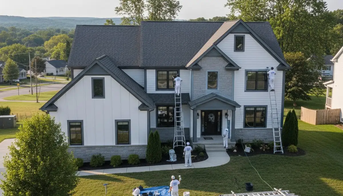 Professional house painters working on residential exterior in Harrisburg, PA