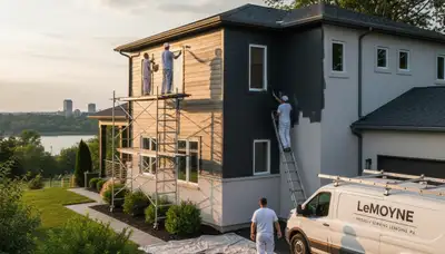 Professional house painters finishing exterior home painting project in Harrisburg, PA