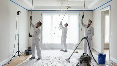 Painter removing popcorn ceiling in Harrisburg PA home for smooth modern finish and ceiling refinishing