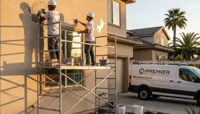Professional stucco repair on Harrisburg, PA home exterior by local house-painting experts