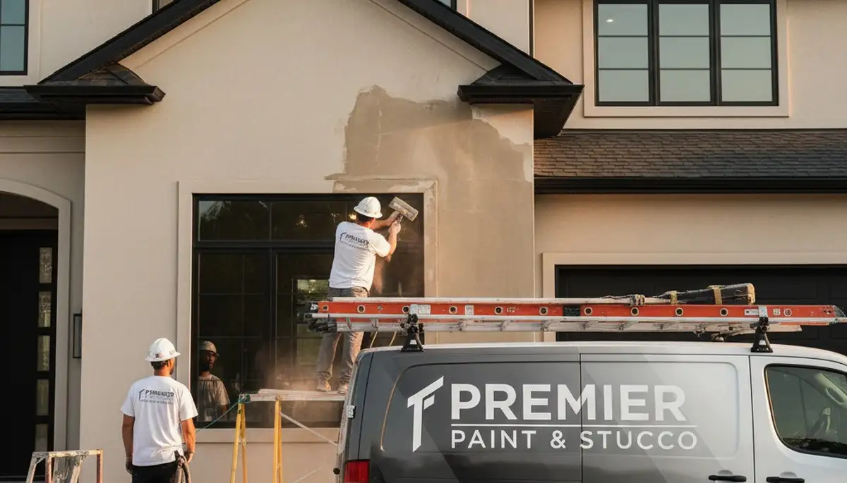 Professional stucco repair on Harrisburg, PA home exterior by local painting and restoration experts